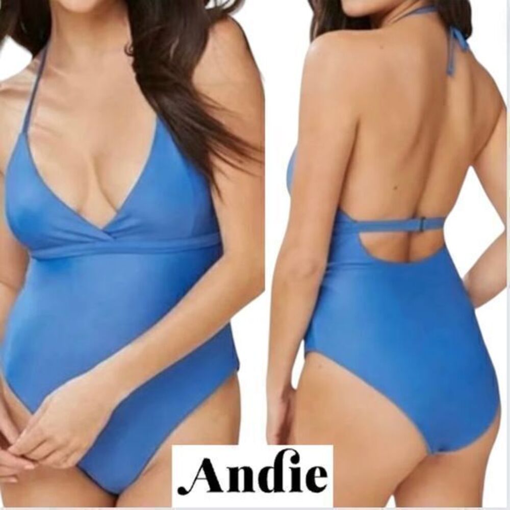 Andie Swim The Lagos One Piece Swimsuit Halter Tie Neck Horizon‎ Blue Size XL